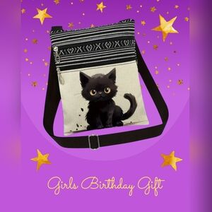 NEW Too Cute Black Kitty Zippered 2 pocket CrossBody Bag Girls